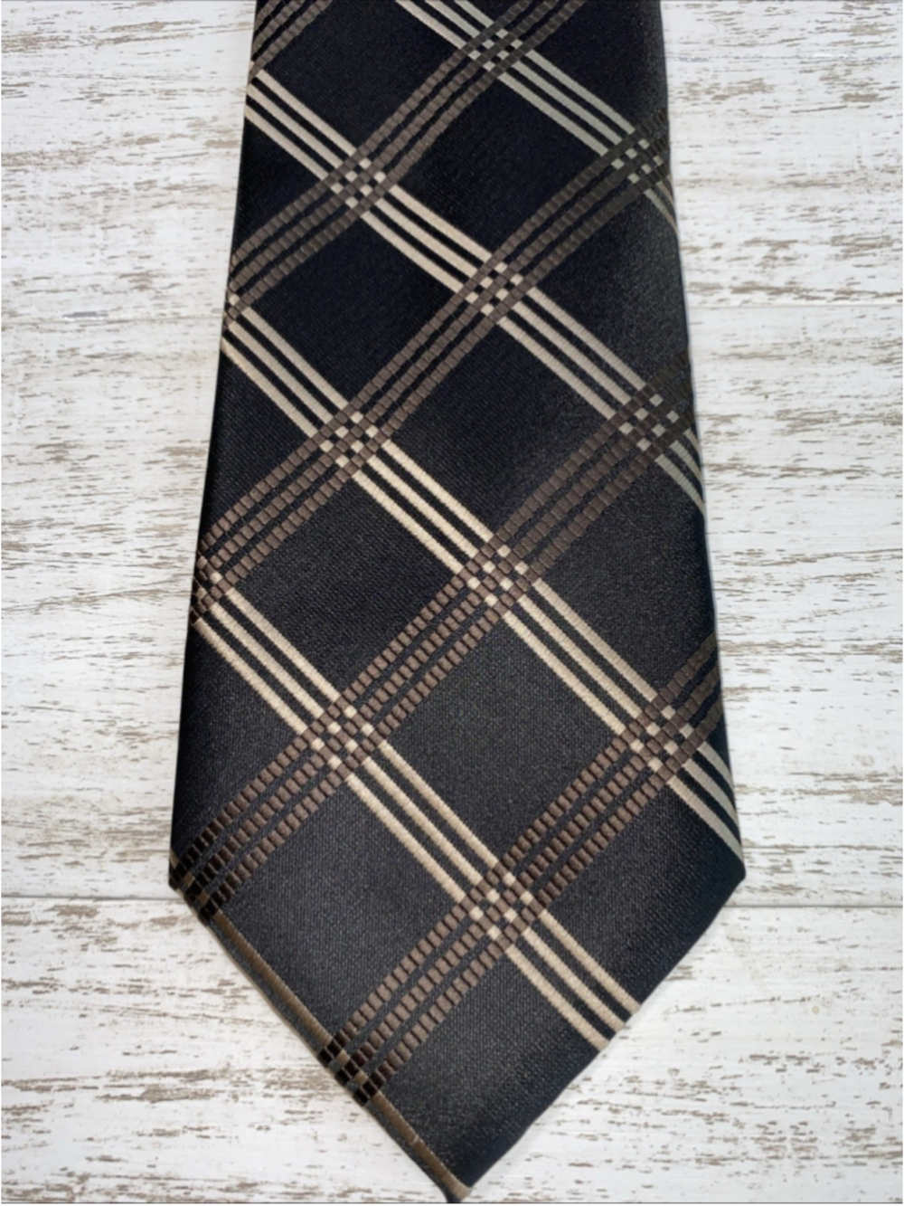Brand Q Extra Long Tie Black Brown Tan Plaid 62” Classic Mens Necktie